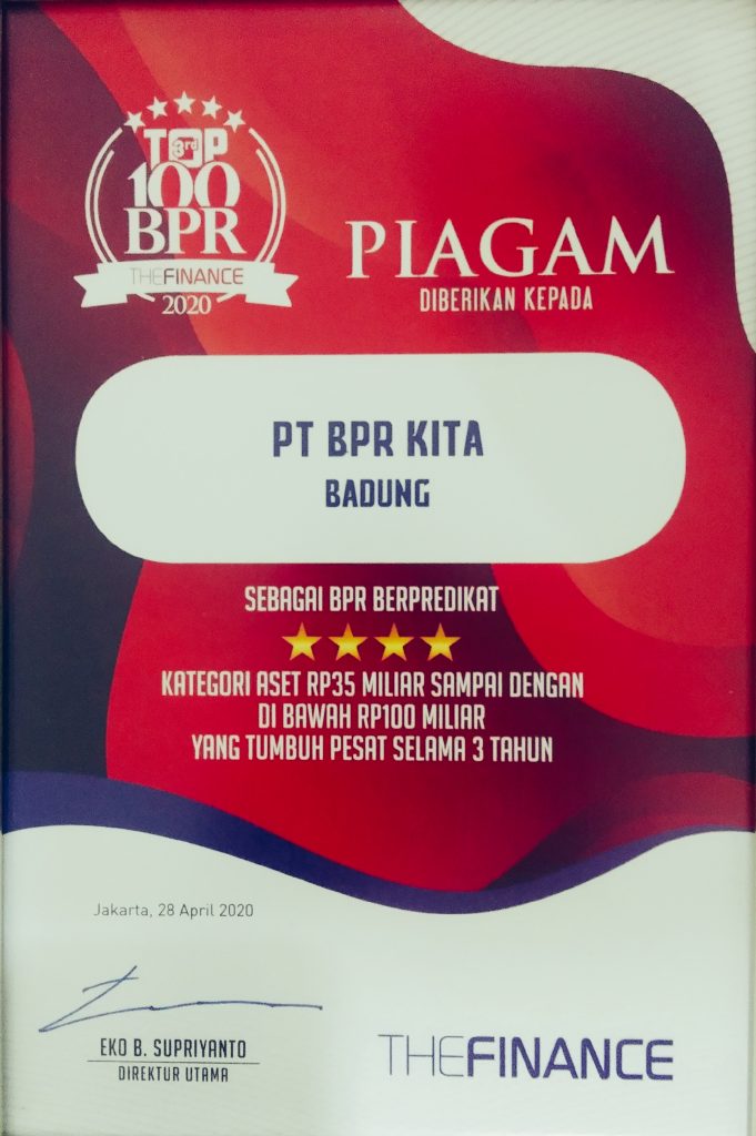 Piagam Penghargaan Top Award 2020 the finance BPR Kita