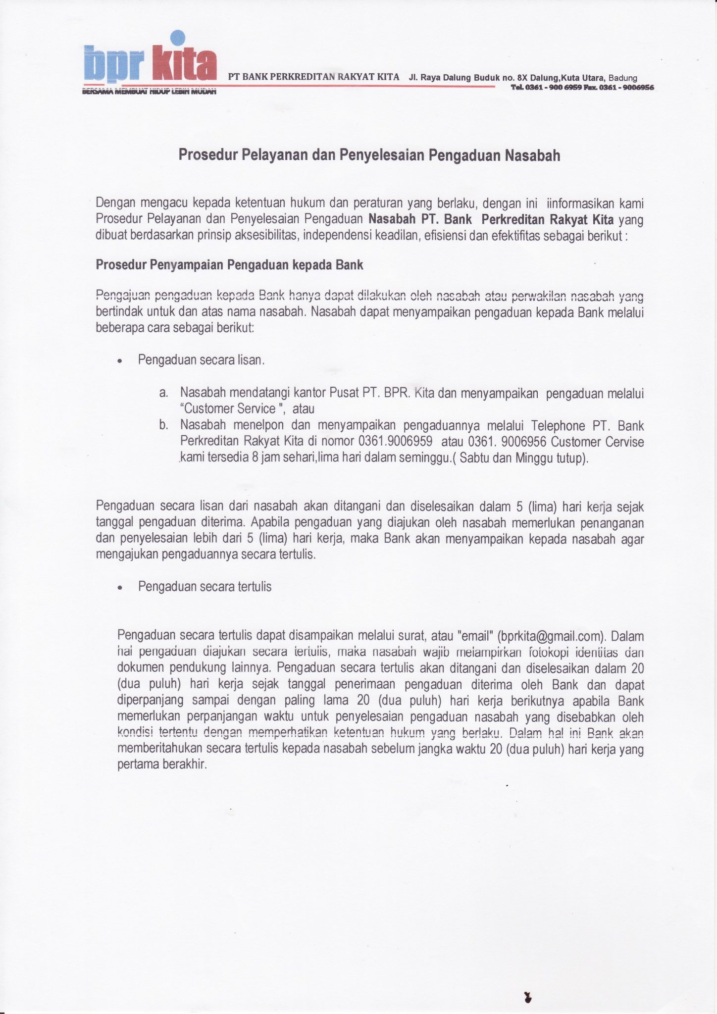 Prosedur Pelayanan Dan Penyelesaian Pengaduan Nasabah - BPR KITA